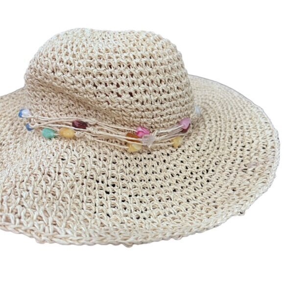 Boho Wide Brim Sun Hat Beaded Brim Trim Beach Pool Vacation Travel Cottage Coast - Picture 12 of 12